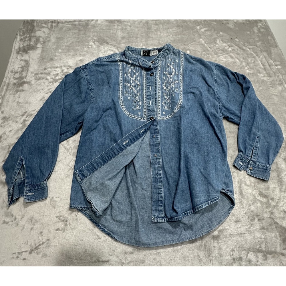 Bila Shirt Women's Size 1X Blue Denim Button Up 100% Cotton Long Sleeve See Flaw